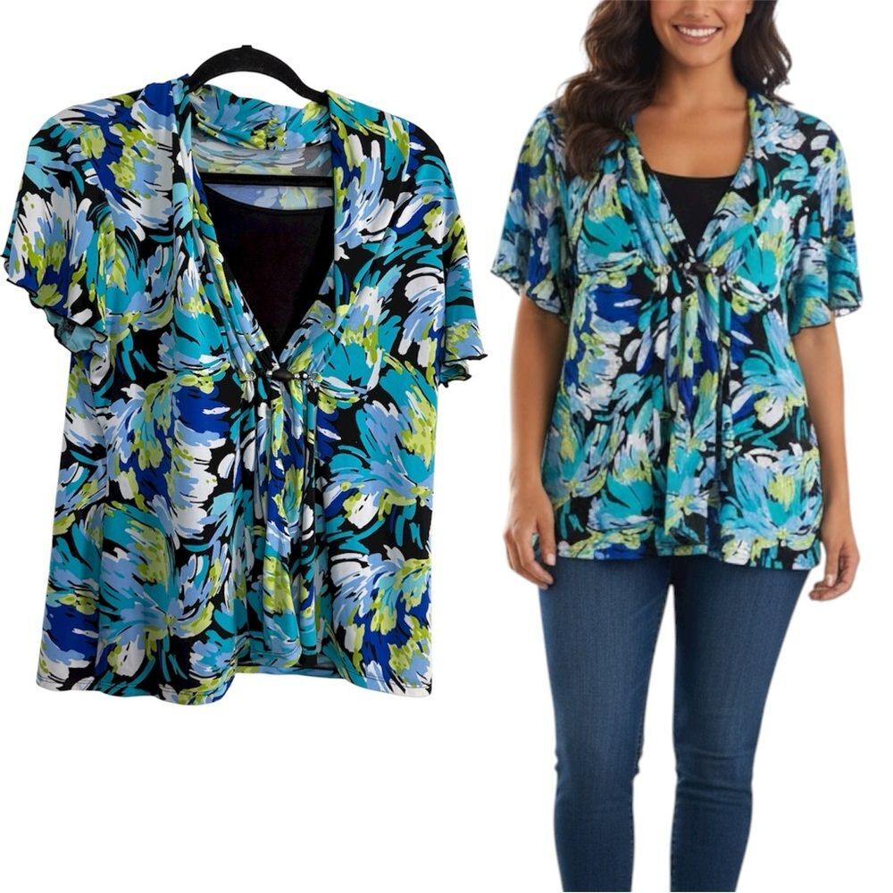 Notations Blue and Green Floral Y2K Short Sleeve Blouse Size Large